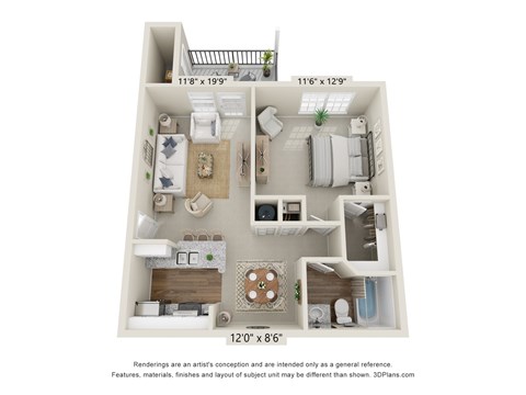 A 3D floor plan of a small apartment with a kitchen, living room, and bathroom.
